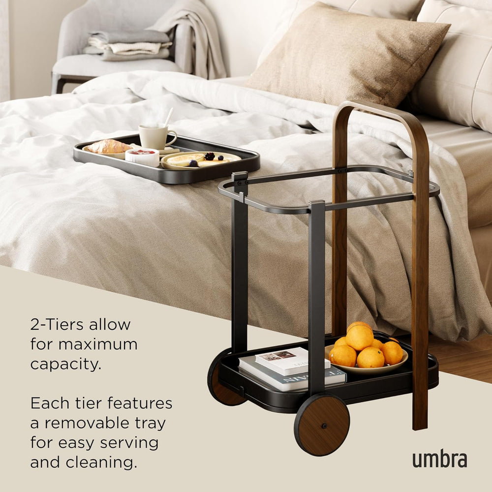 Umbra Bellwood Bar Cart, Rolling 2-Tier Storage Cart, Black/Walnut