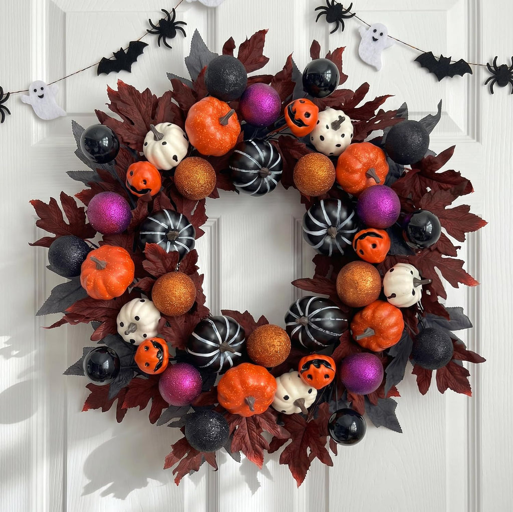 Halloween Ball Wreath for Front Door, 24" Pumpkin Fall Door Wreath