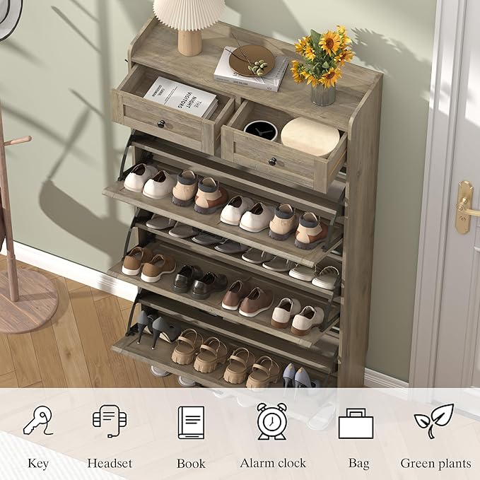 Shoe Cabinet with 3 Flip Drawers & 2 Storage Drawers, Rustic Farmhouse Narrow