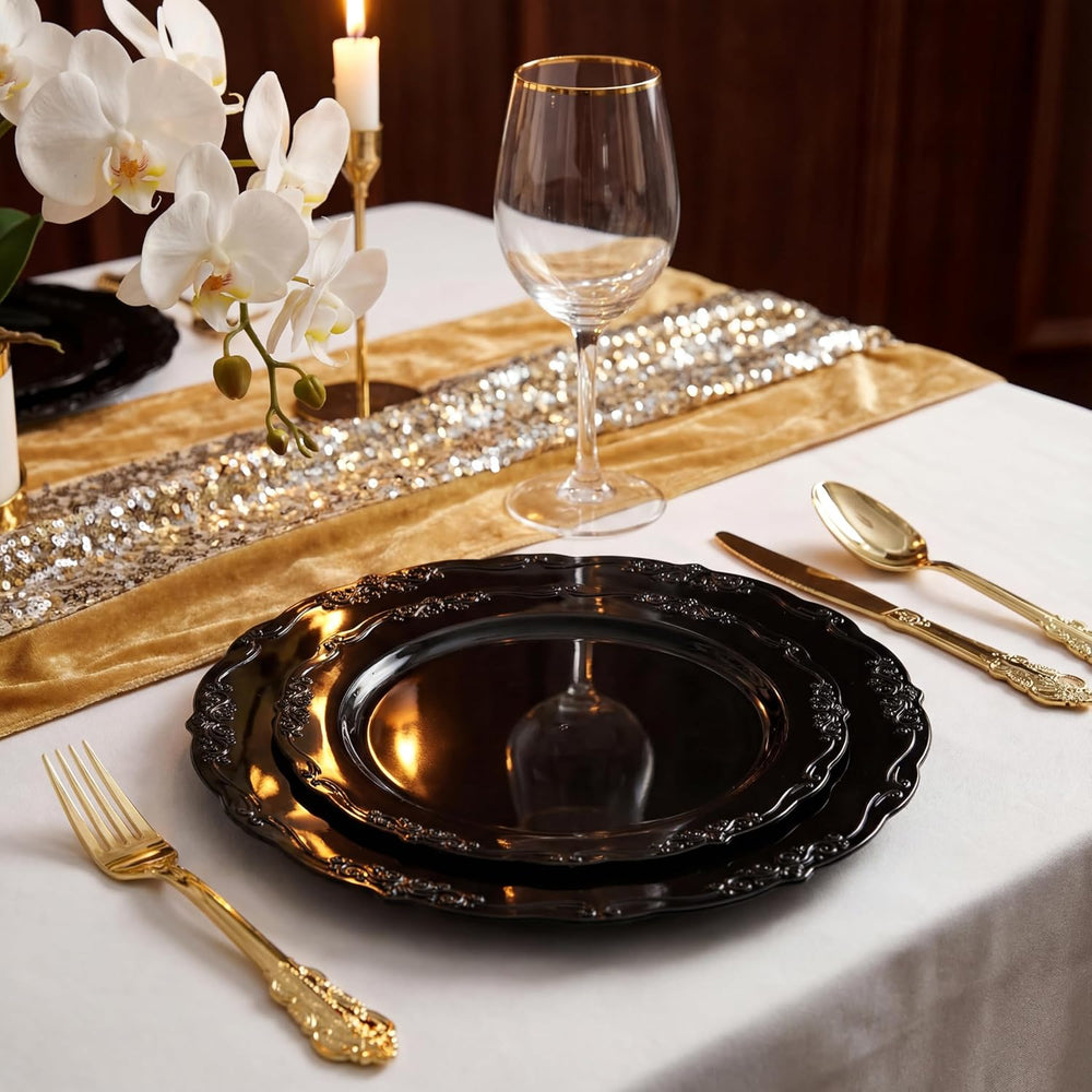 U-QE 100PCS Black Plastic Plates, Heavy Duty Black Plates Halloween