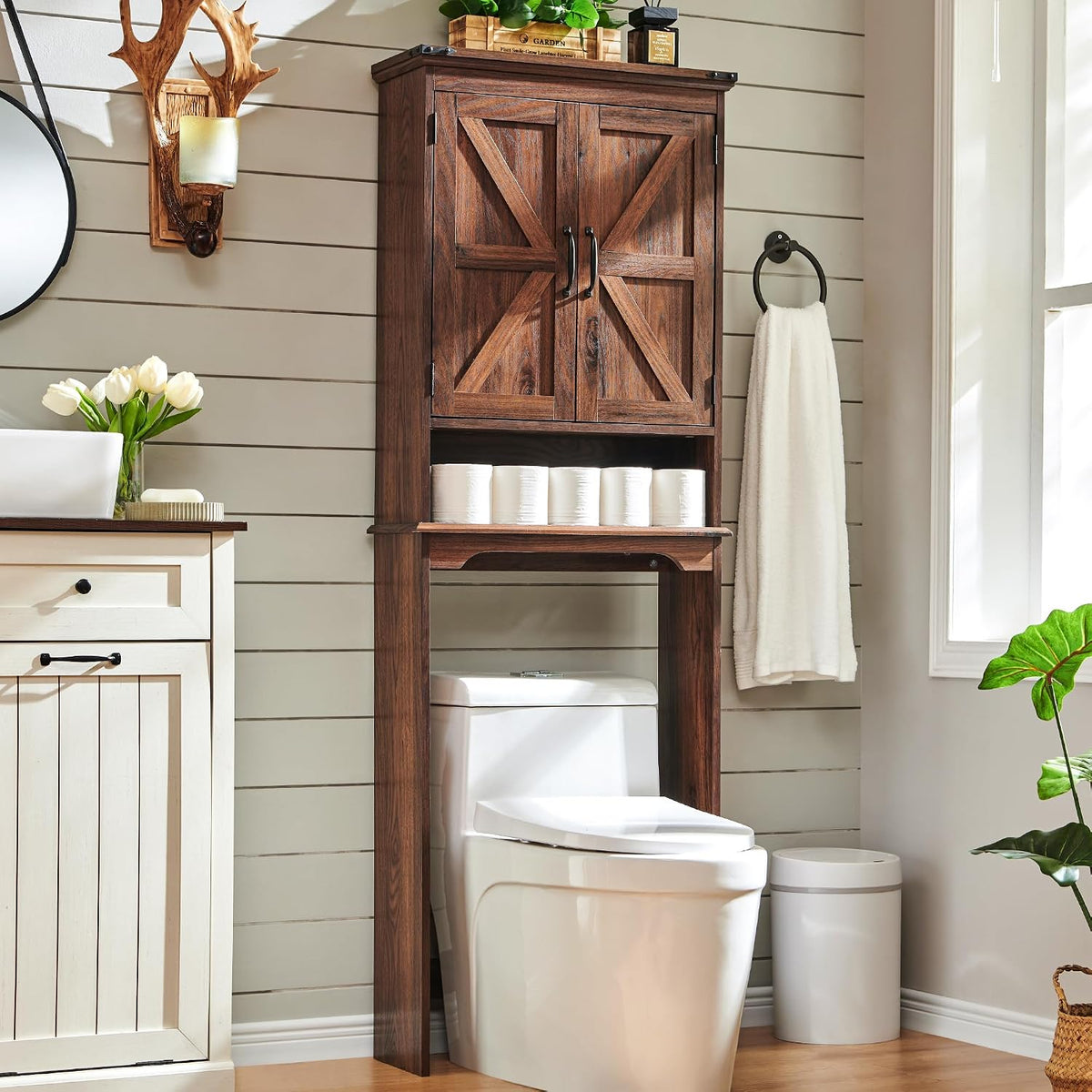 ACCOHOHO 67" Tall Farmhouse Over The Toilet Storage Bathroom Cabinet, Brown