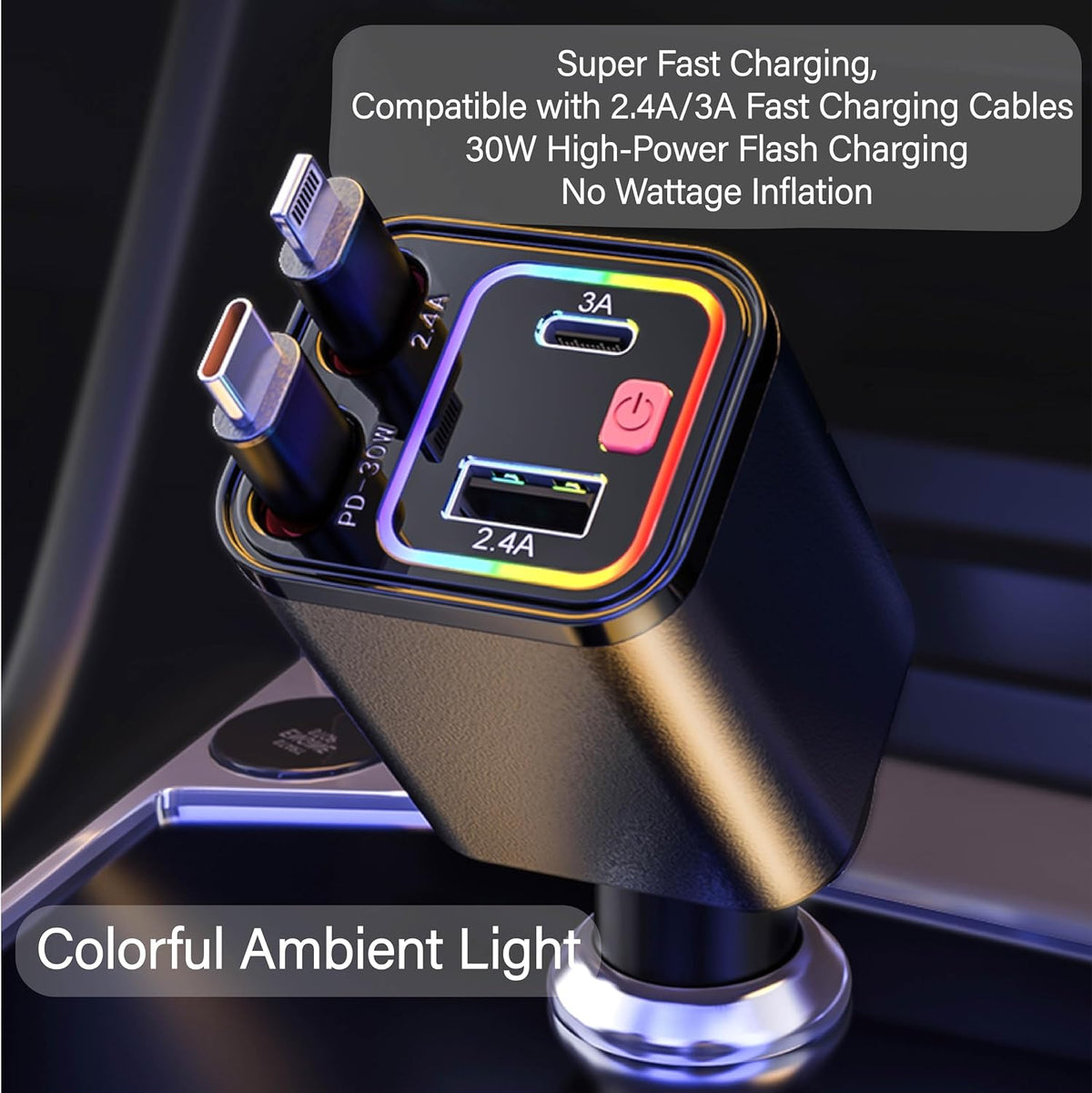 4-in-1 retractable 30w fast car charger, dual usb-c shown in use