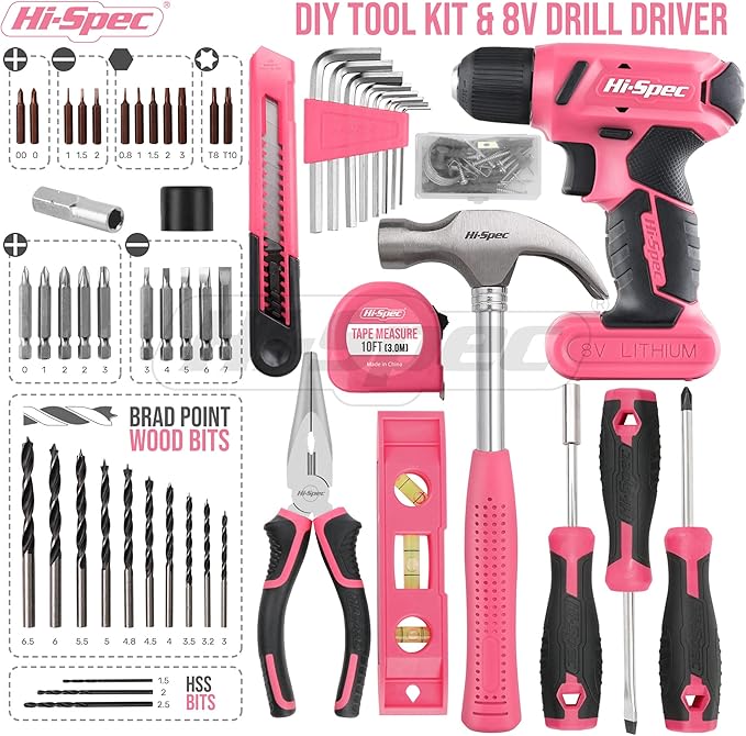 Hi-Spec 58pc Pink 8V USB Electric Power Cordless Drill Driver and Womens Ladies