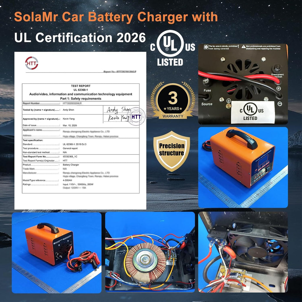 SolaMr 12V 24V Heavy Duty Car Battery Charger, 0-20A Automatic Trickle Charger for Car Truck Motorcycle RV Lawn Mower, Auto Smart Deep Cycle Battery Maintainer for AGM Lead Acid Batteries, Metal Case