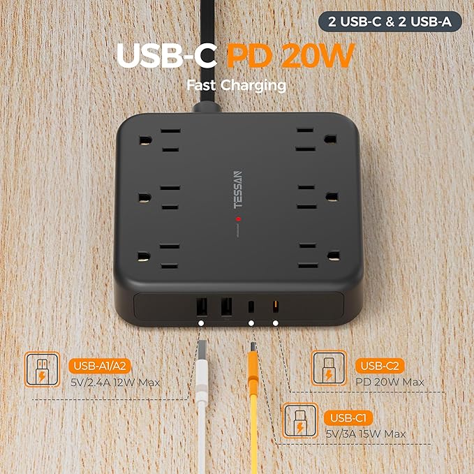 TESSAN Flat Plug Extension Cord 15 Ft, 2100J Surge Protector Power Strip