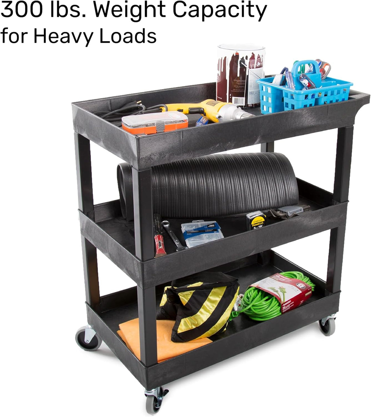 Tubstr 3-Tier Rolling Utility Cart with Wheels | Durable Tool Cart with Locking Wheels (32 x 18) (Black 2-Pack)