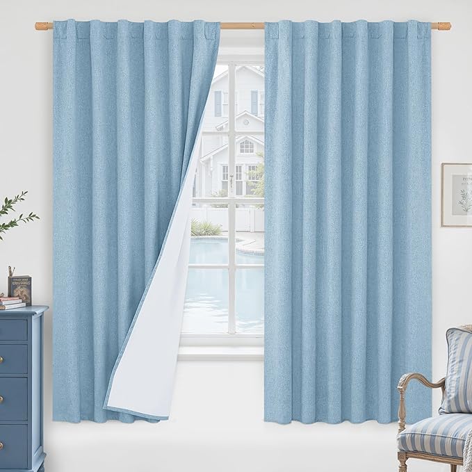 LAMIT 100% Blackout Stone Blue Linen Curtains, 63 Inches Linen Textured Thermal