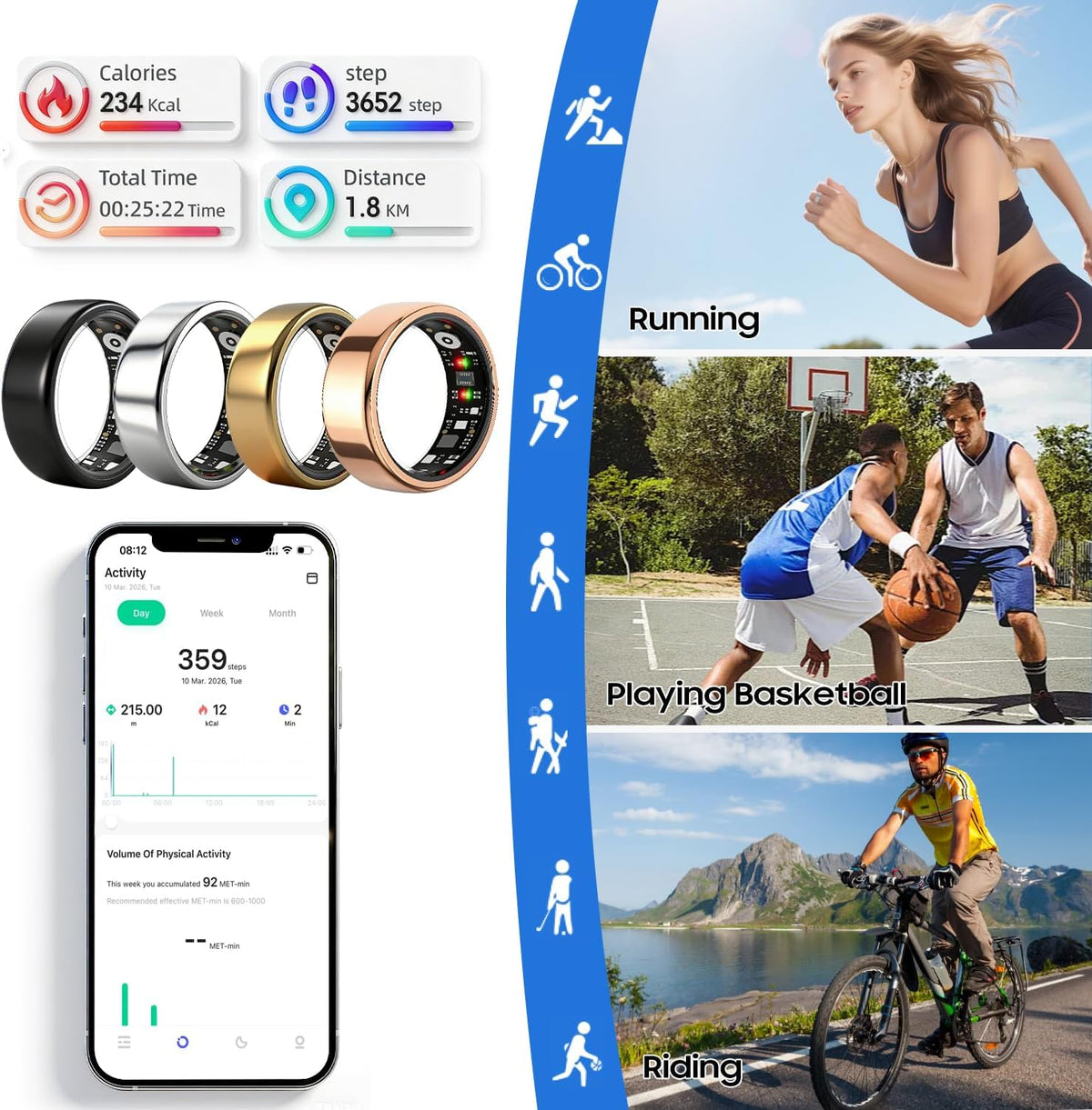 smart ring health tracker for women men, fitness showing dimensions