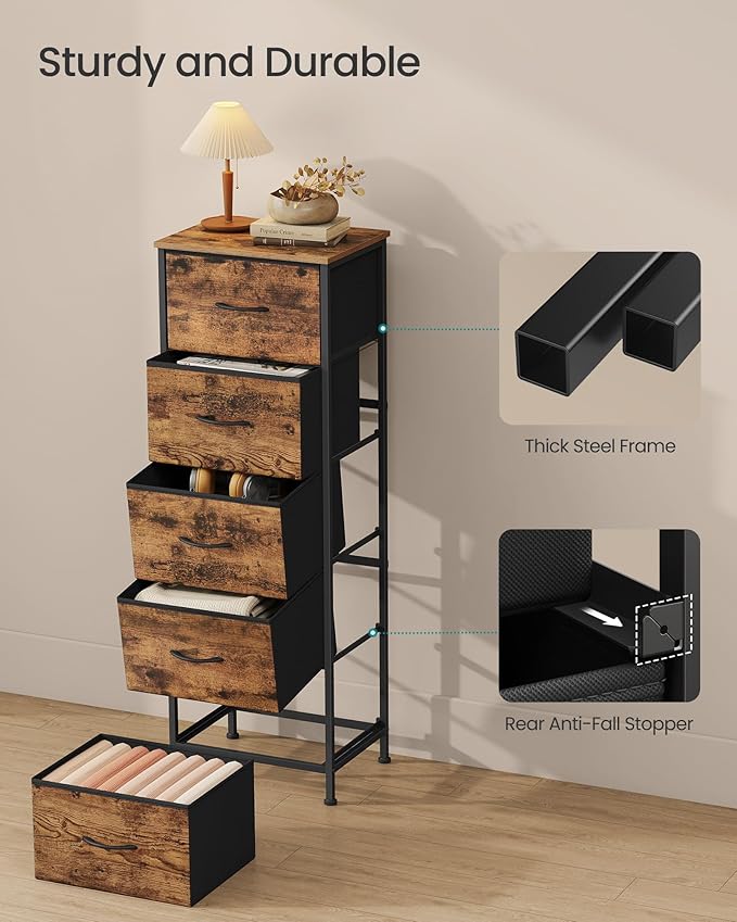 SONGMICS Dresser for Bedroom, Chest of Drawers, 5 Non-Woven Fabric Drawers