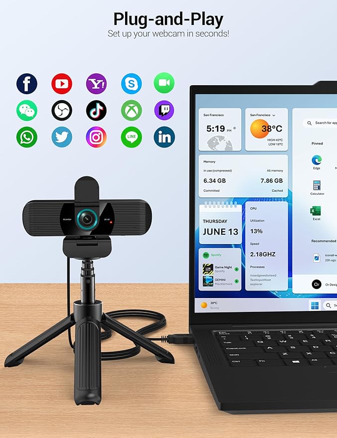 RUWBY QHD 2K Webcam with Built-in Dual Mics, Wide-Angle Lens, Privacy Cover