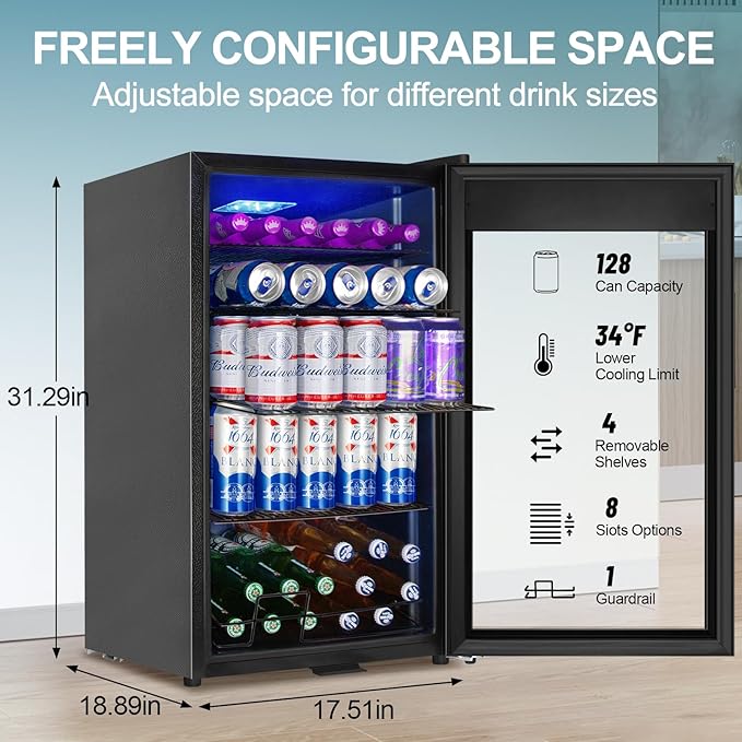 Beverage Refrigerator Cooler, 128 Cans 3.2 Cu.Ft Mini Fridge Glass Door