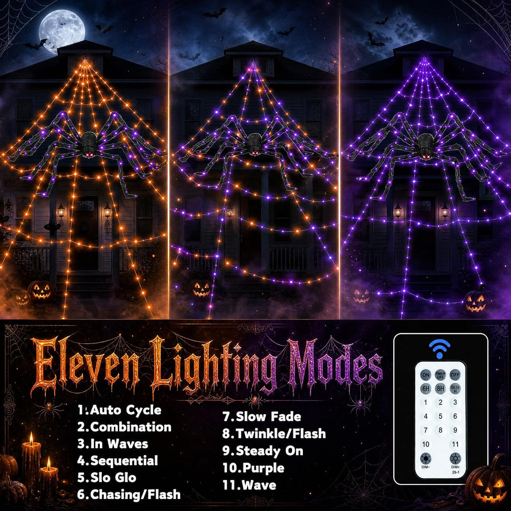 Halloween Decorations Outdoor Spider Web Lights - 550 LEDs Purple and Orange Remote Control Timer Plug in Giant Halloween Decor Cobwebs - 11 Modes Lighting Waterproof Yard Garden Party Decorations