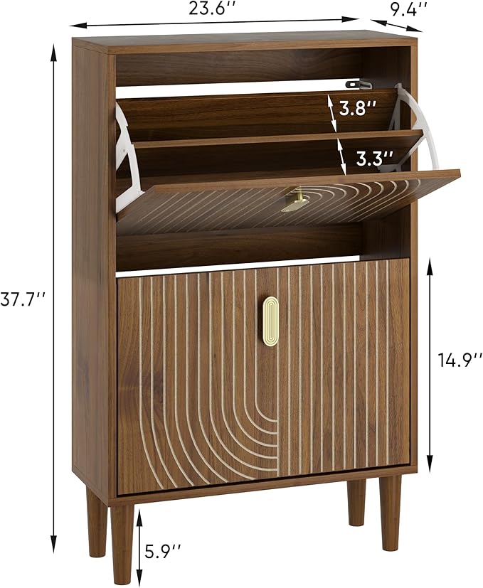 Smuxee Shoe Cabinet with 2 Flip Drawers, 23.6" Walnut Hidden Shoe Storage
