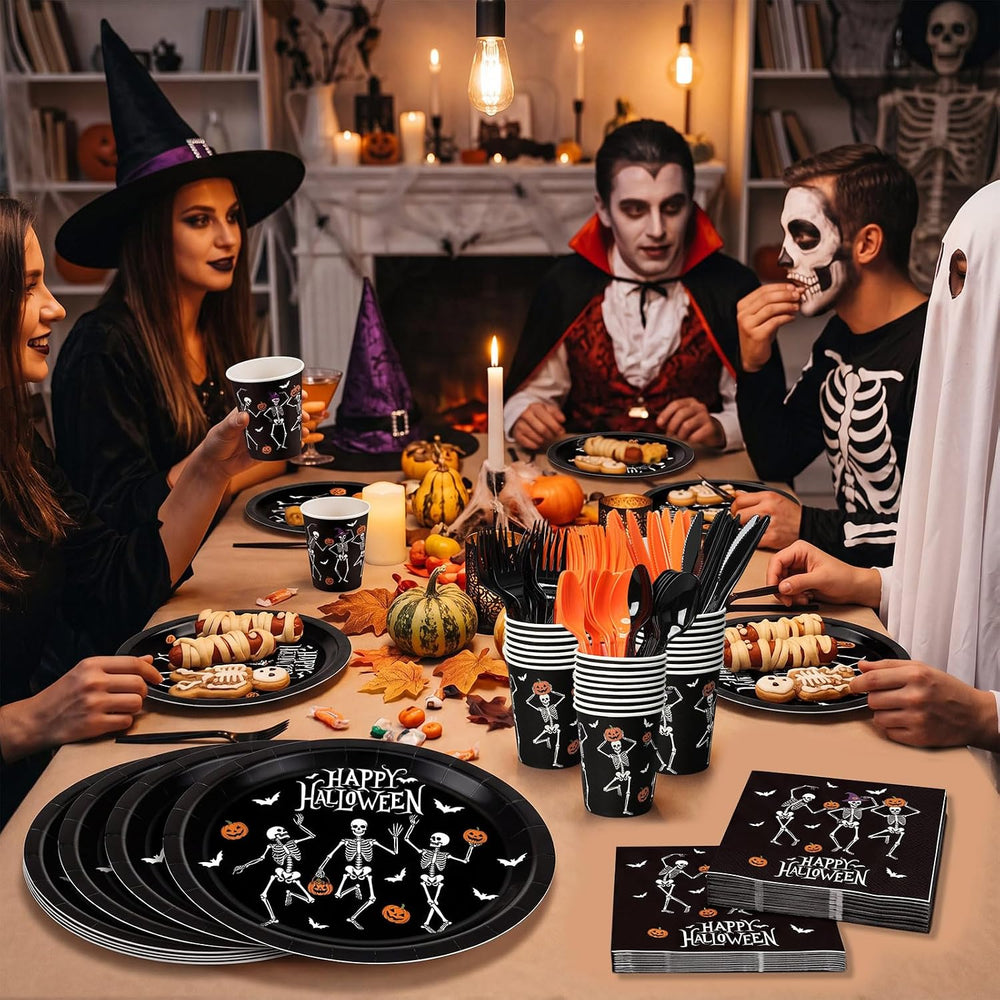 Pajean 350 Pcs Halloween Oval Paper Plates Set 12 inch Skeleton Oval Plates