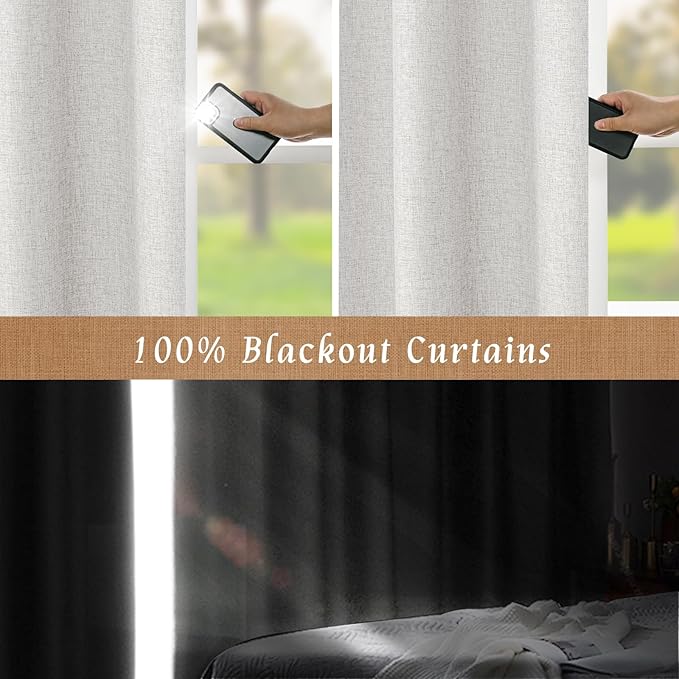 LAMIT Light Grey 100% Blackout Linen Curtains, 63 Inches Linen Textured Thermal
