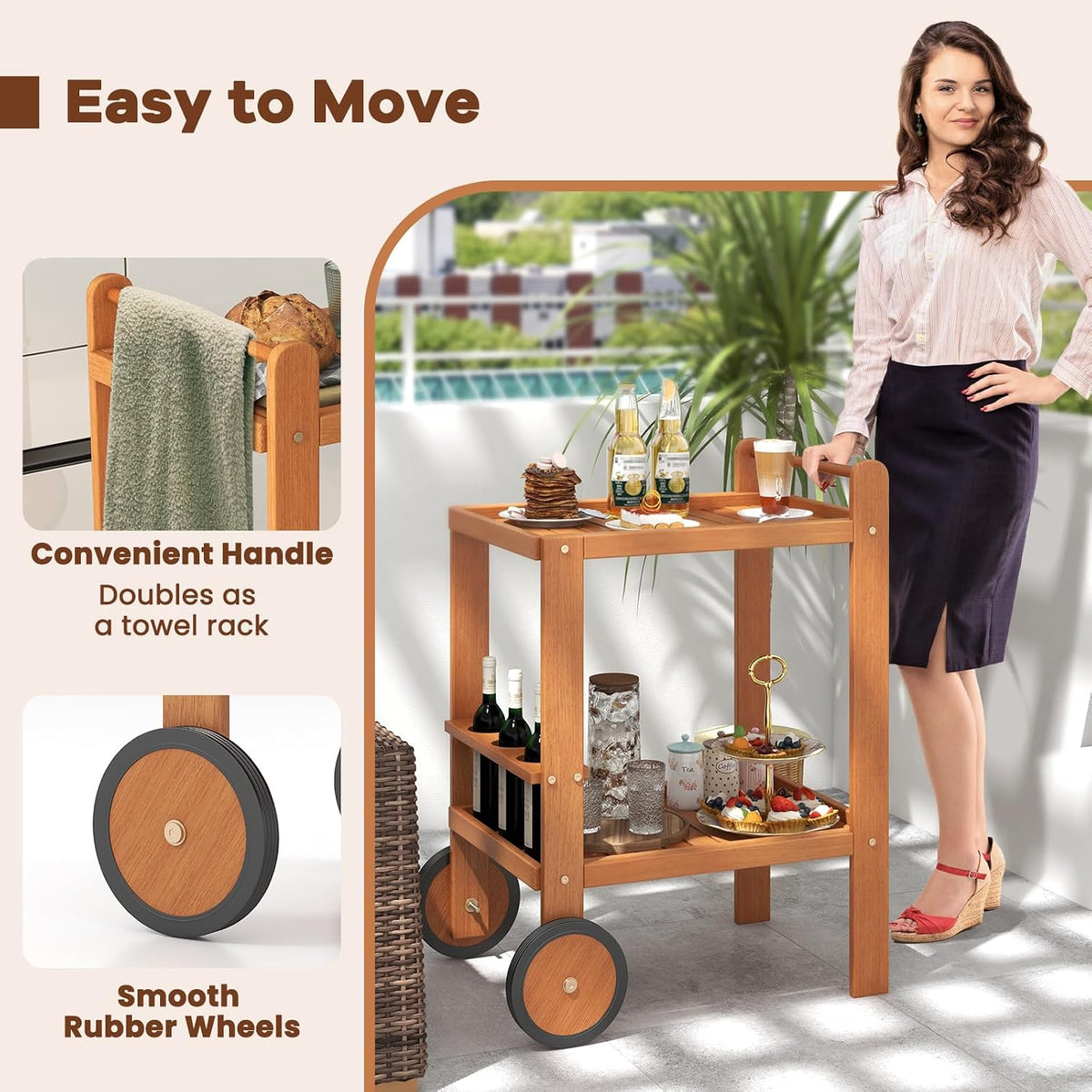 Tangkula 2-Tier Rolling Bar Cart with Rubber Wheels, Natural
