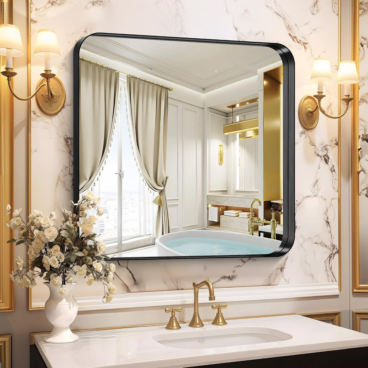 CIRCUMI Black Bathroom Mirror, 30"x30" Rectangular Mirror for Vanity