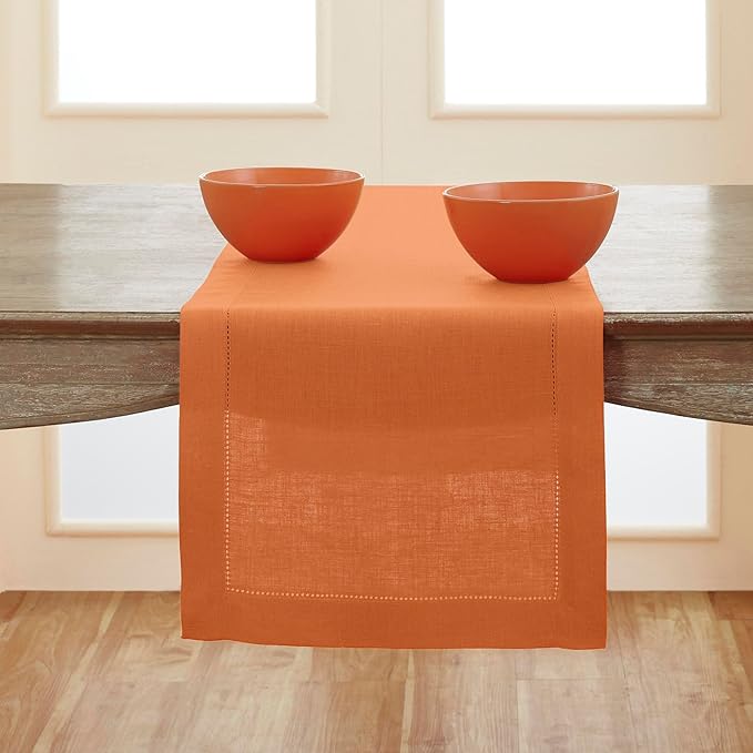 Solino Home Linen Pumpkin Table Runner 90 Inches Long - 100% Pure Linen Hemstitch 14 x 90 Inch Table Runner for Dining, Fall, Autumn, Halloween, Thanksgiving, Holiday - Classic Hemstitch