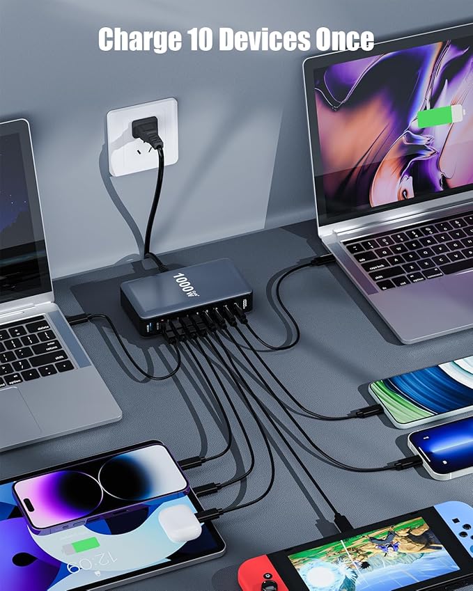 1000W USB C Charger Block, 10-Port USB C Charging Station GaN IV Travel