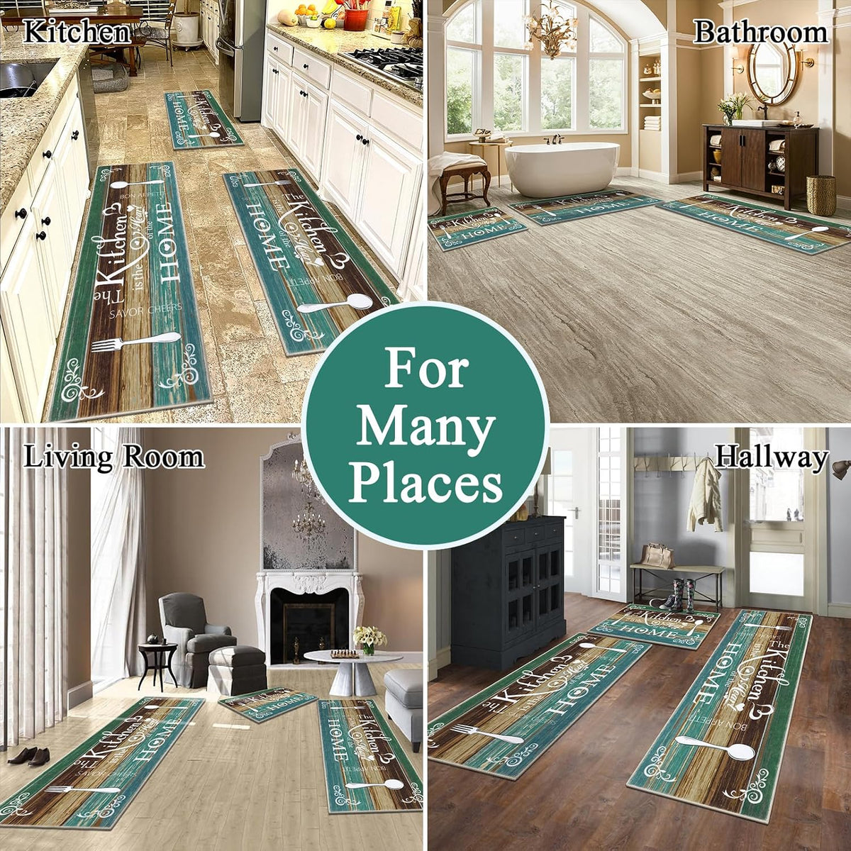 Vaukki Boho Kitchen Rug Sets 3 Piece,Teal Washable Kitchen Mat for Floor