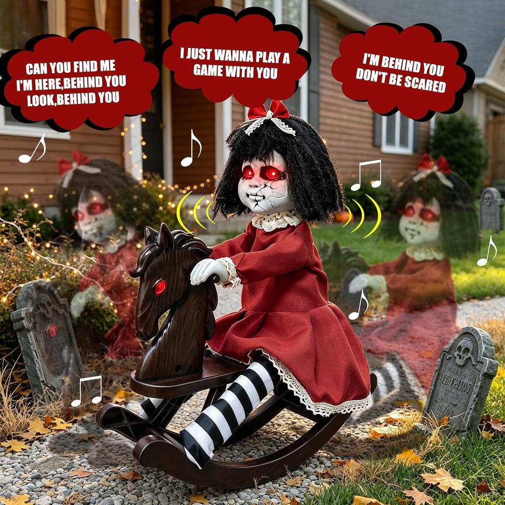 Halloween Animatronic Decorations Girl Doll on Rocking Horse with Lights