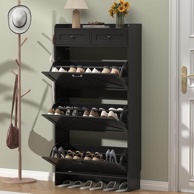 Shoe Cabinet with 3 Flip Drawers & 2 Storage Drawers, Rustic Farmhouse Narrow