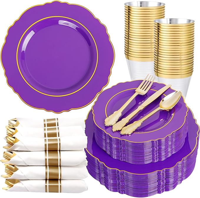 Liacere 350PCS Purple Plastic Plates-Disposable Purple and Gold Plates 50 guest Baroque Plastic Dinnerware include 100Plates,50Pack Pre Rolled Napkins with Silverware 50Cups for Halloween