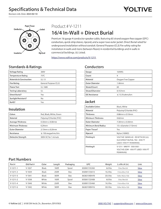 Voltive 16/4 Speaker Wire, in-Wall CL3 & Direct Burial, 100ft