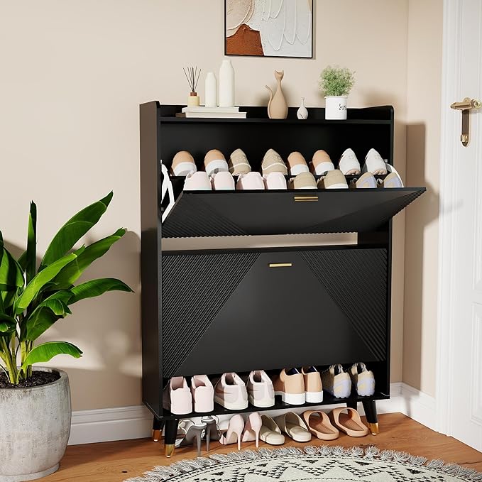 Shoe Cabinet Storage for Entryway: 32" Black Shoe Organizer Cabinet