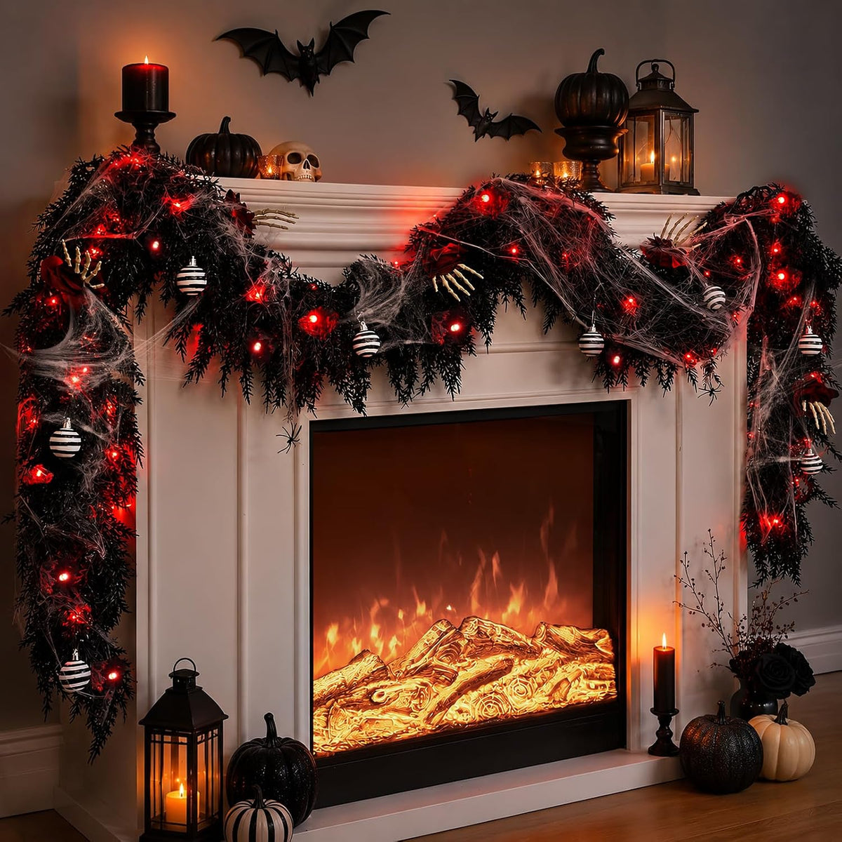 9FT Black Garland with Lights and Ornaments Prelit Halloween Decoration