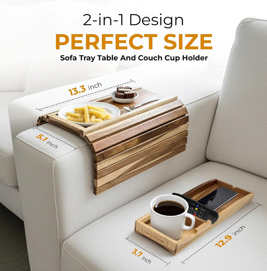 couch cup holder tray with 2 cork coasters, close-up detail