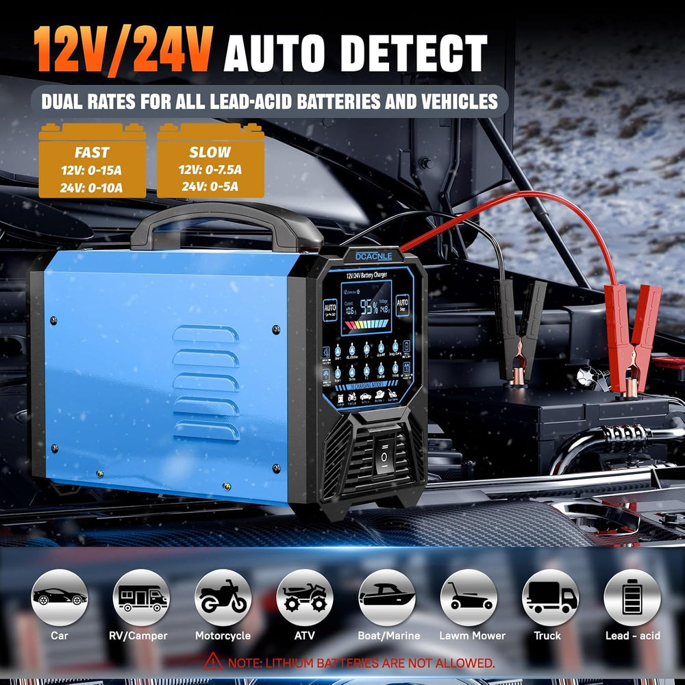 DCACNLE 12V/24V 0-15A Car Battery Charger Heavy Duty,Automatic Maintainer