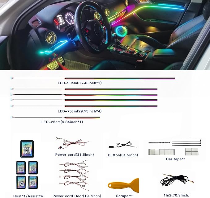 Acrylic Interior Car LED Strip Lights, Colorful 6-in-1 Car Ambient Lighting Kit