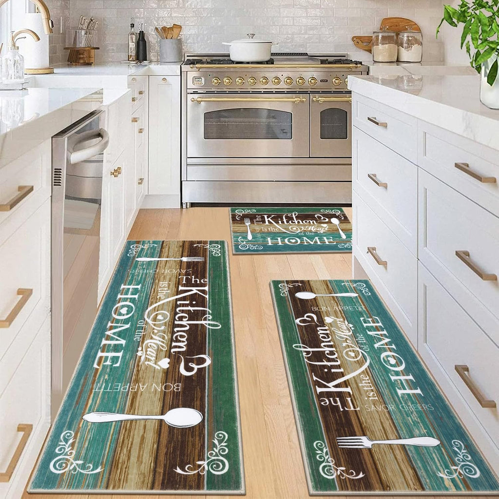 Vaukki Boho Kitchen Rug Sets 3 Piece,Teal Washable Kitchen Mat for Floor