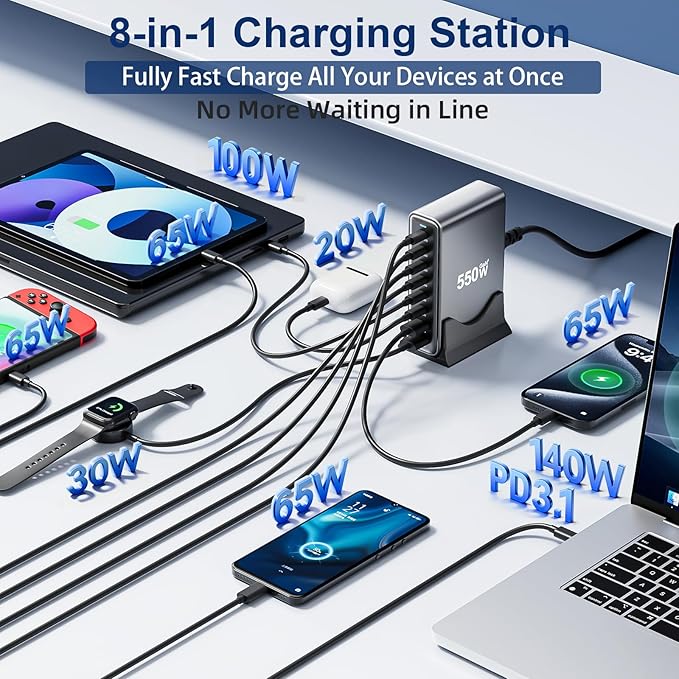 550W USB C Fast Charger Block, PD3.1 140W 8 Port USB Charging Station, GaN Ⅲ
