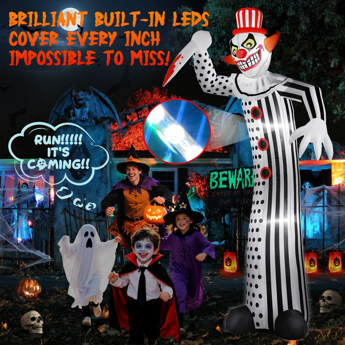 zukakii 12Ft Giant Halloween Inflatables Creepy Clown, Huge Halloween Decorations Outdoor Blow Up Yard Decorations Built-in Full-Body LED Light & Strong Blower for Home Decor Party Lawn