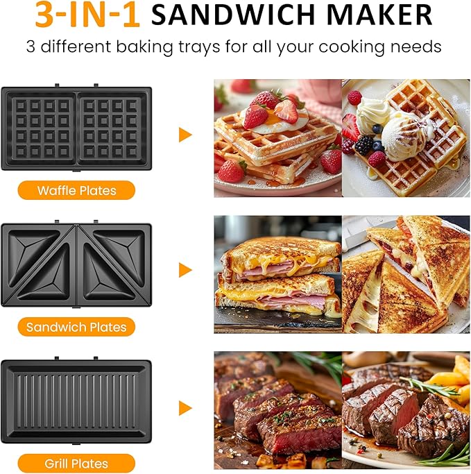 Sunvivi 3 in 1 Electric Sandwich Maker: Panini Press Grill and Waffle Iron Set