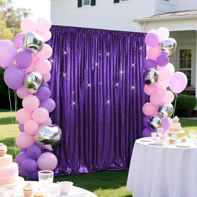 SquarePie Sequin Backdrop Less Transparent Background Sparkly Curtain for Wedding Halloween Party 6FT x 8FT Purple