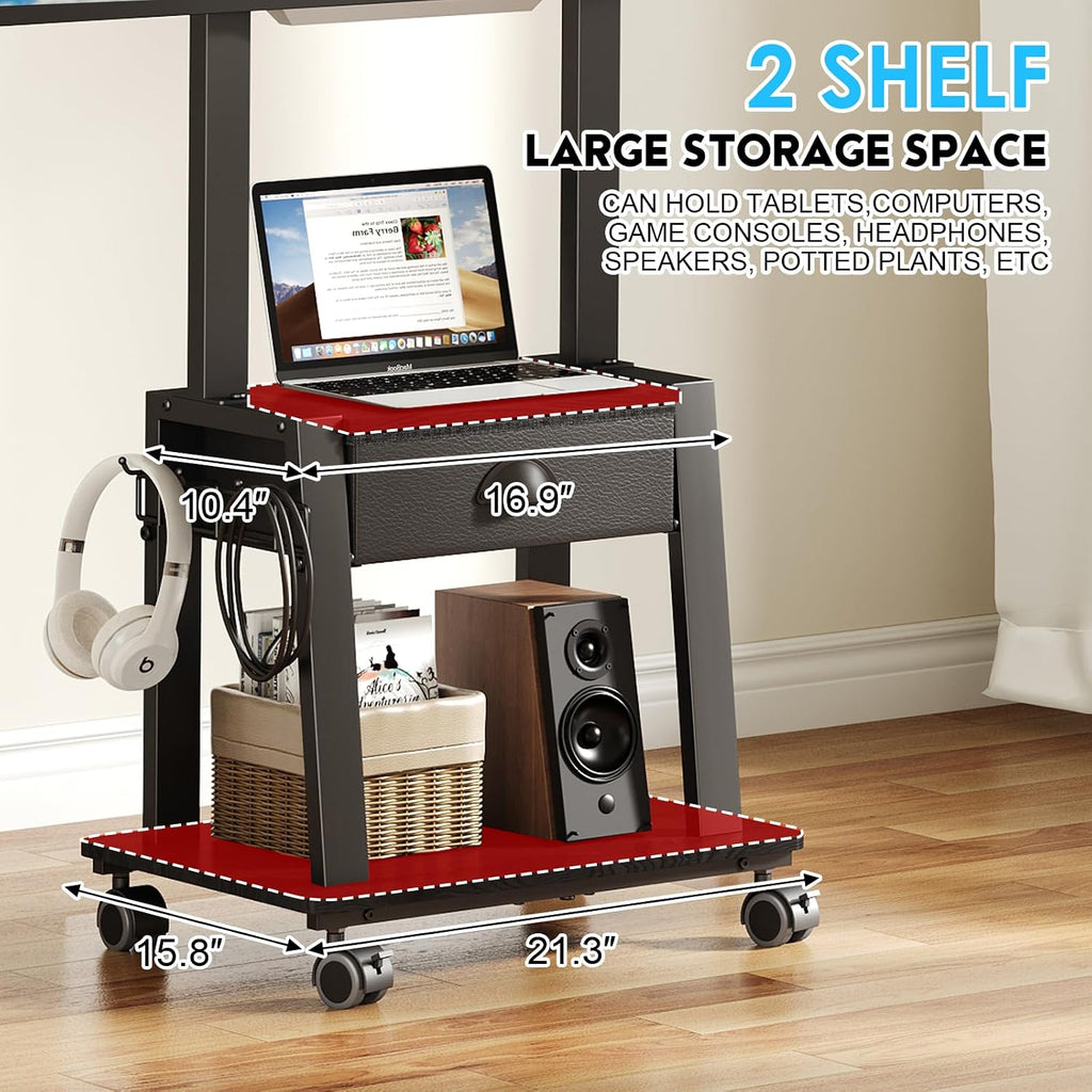 Mobile TV Stand with Drawer for 23-60 Inch TVs,Tilt Rolling TV Cart on Wheels with 2 Shelves Adjustable Height Portable TV Stand for Bedroom/Living Room Holds up to 50 lbs Max VESA 400x400mm