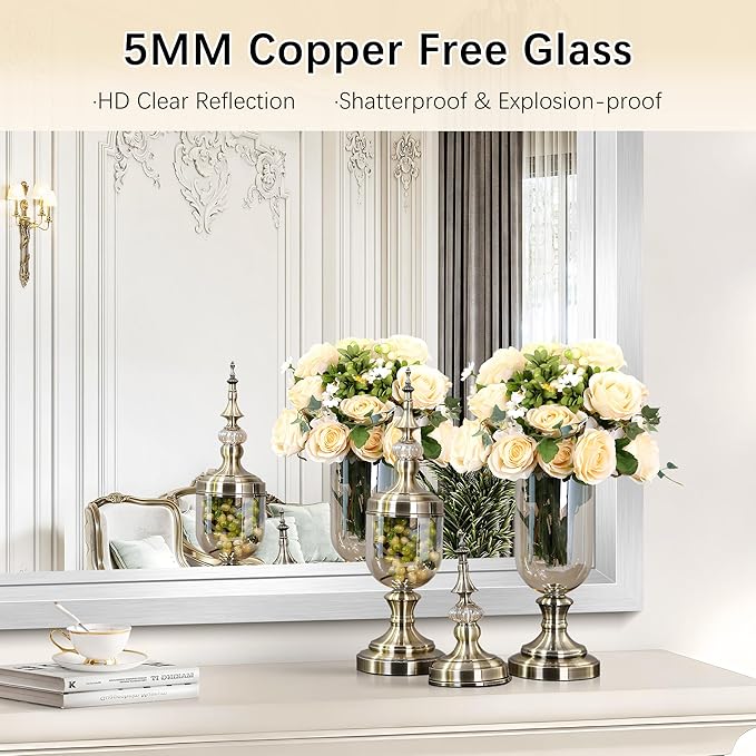 Silver Bathroom Mirror, 36 x 30 Inch Rectangular Wall Mirror 0.6" Thickened