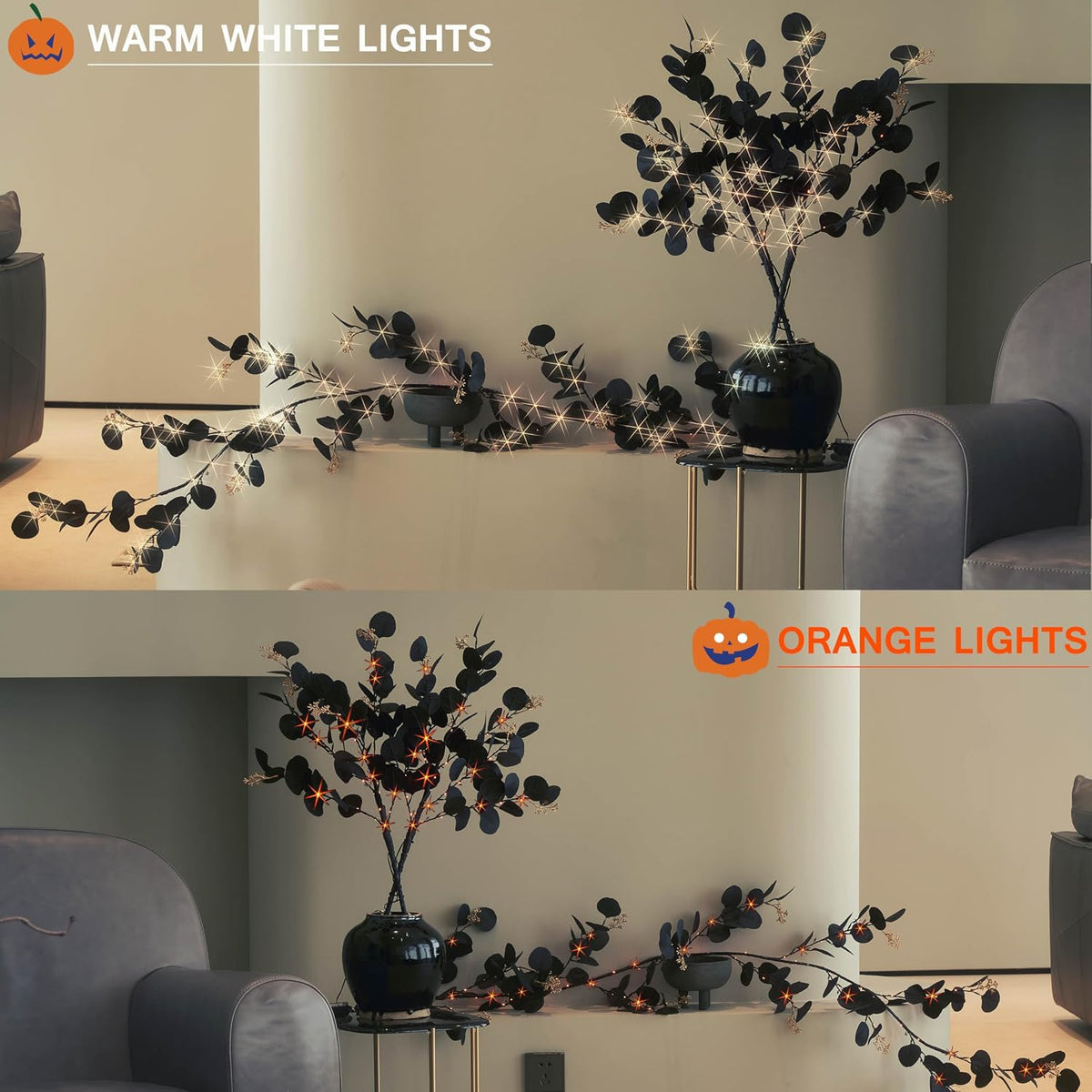 Hairui Lighted Black Eucalyptus Garland with Timer 96 LED Orange and Warm White Fairy Lights,Halloween Garland with Lights 6FT Battery Operated with 10 Functions for Fireplace Halloween Decoration