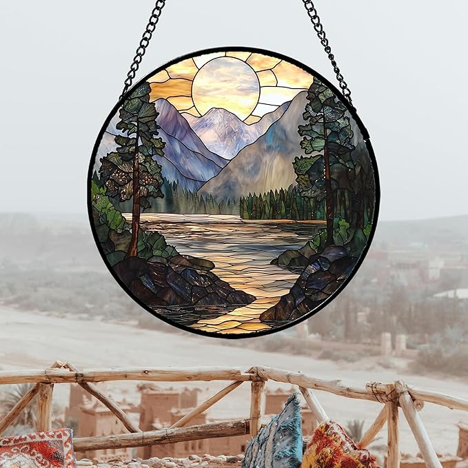 AMDERVEN Stained Glass Window Hanging, Sunset Mountains Lake Tree Sun Catcher