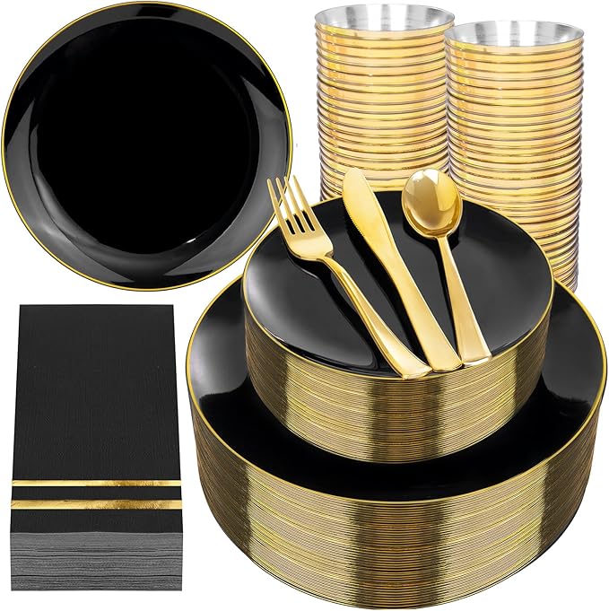 NOCCUR 350PCS Black and Gold Plastic Plates - Black Disposable Dinnerware Set for 50 Guests, 100 Dinner/Dessert Plates, 150 Gold Silverware, 50 Cups&50 Napkins for Party/Birthday/Halloween/NewYear
