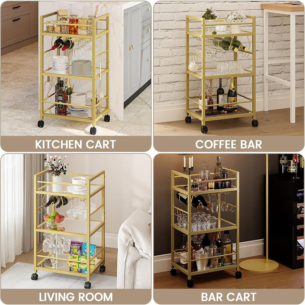 Bar Cart, Serving Cart for Home, Microwave Cart, Drink Cart, Mobile Kitchen Shelf with Wine Rack and Glass Holder, Rolling Beverage Cart for Dining Room, Gold