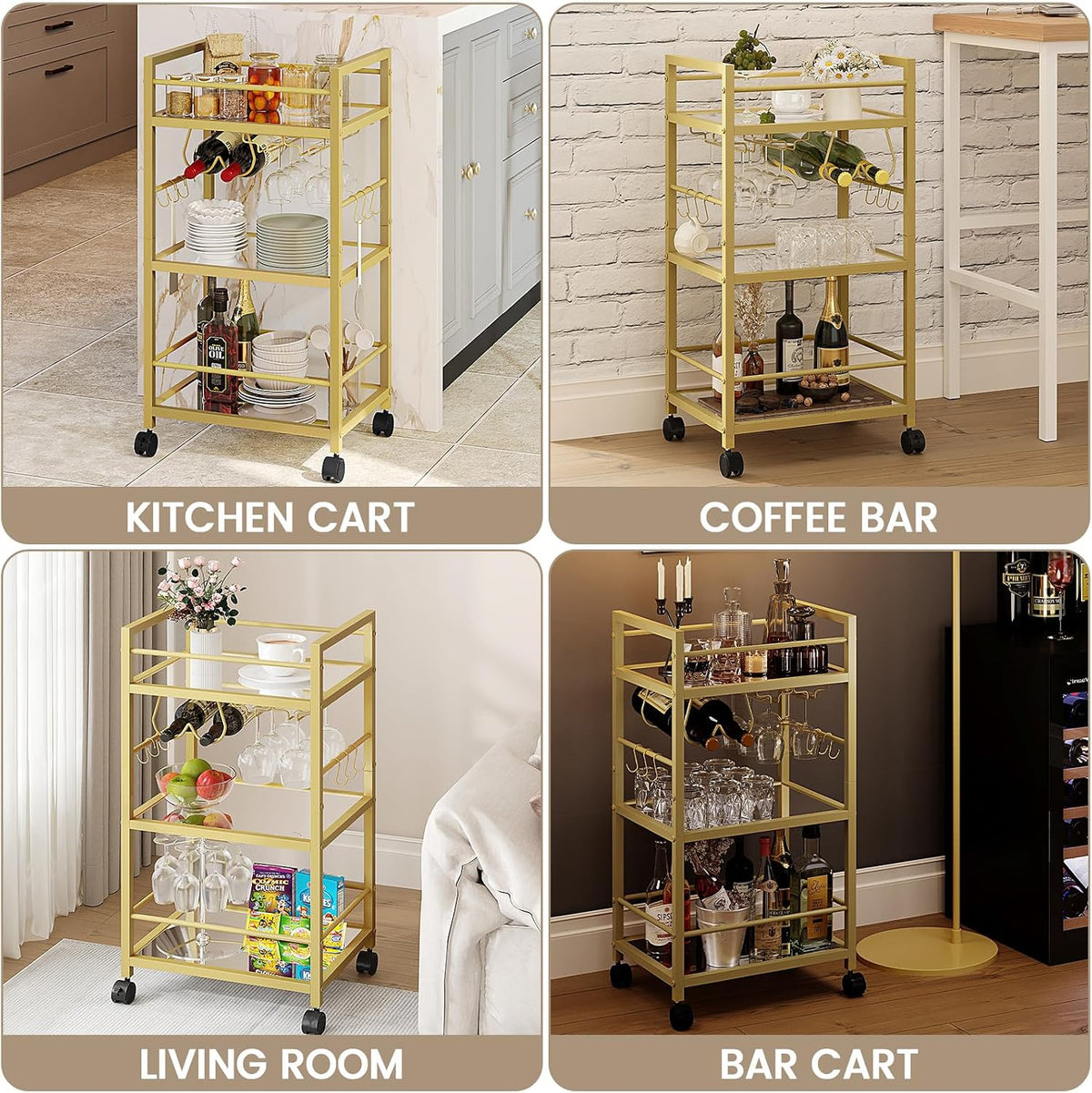 Bar Cart, Serving Cart for Home, Microwave Cart, Drink Cart, Mobile Kitchen Shelf with Wine Rack and Glass Holder, Rolling Beverage Cart for Dining Room, Gold