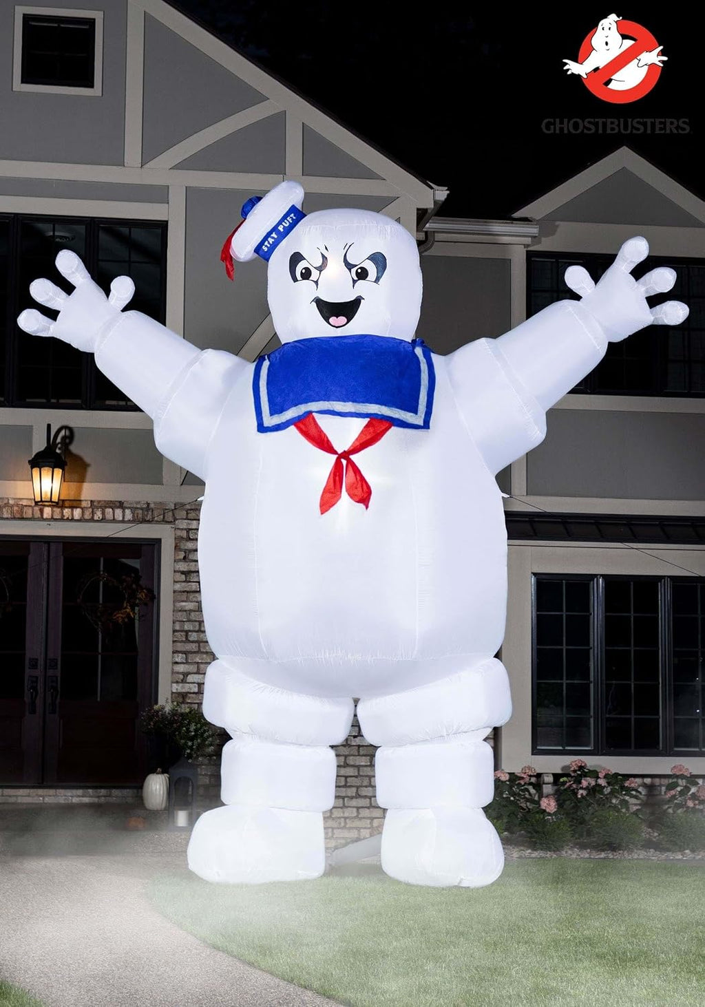 Fun Costumes Ghostbusters Inflatable Stay Puft Marshmallow Man Outdoor Halloween Decoration - LED Lights, Tether Ties, Stakes, Power Cord & Repair Kit 15FT