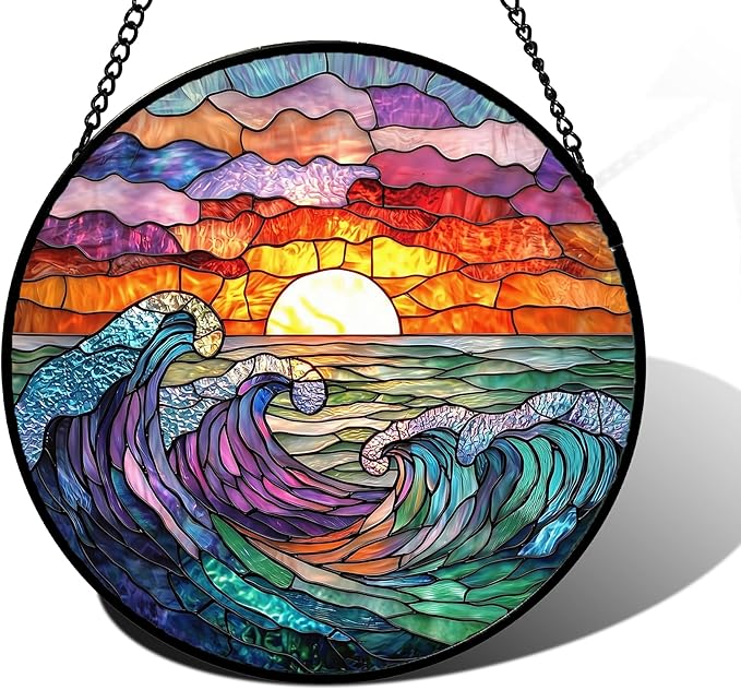 DASTOLL Stained Glass Window Hanging, Clouds and Sea Waves Suncatcher Diamond