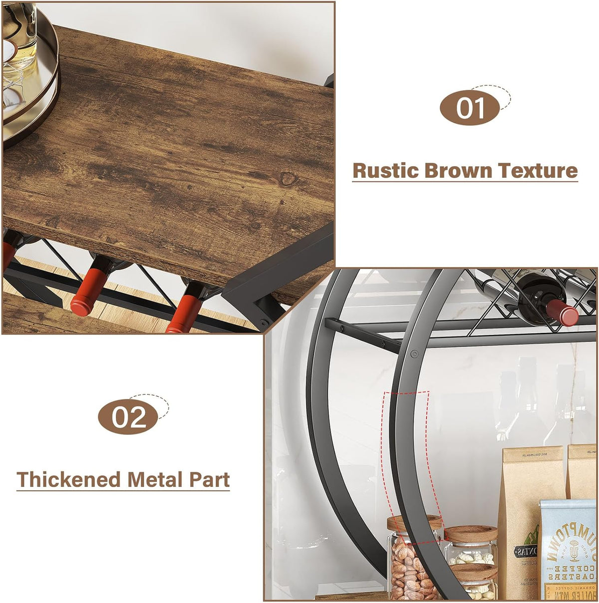 LVB Industrial Bar Cart, Beverage Serving Cart with Wheels, Rustic Brown