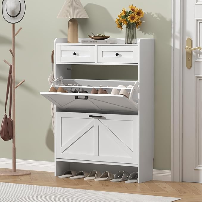 Shoe Cabinet with 2 Flip Drawers & 2 Storage Drawers, Rustic Farmhouse Narrow