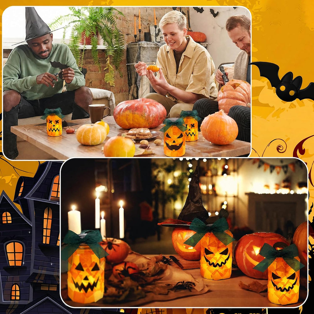 Qinyoung 12 Pcs Halloween Jack-o-lantern Crafts Pumpkin Mason Jars with LED